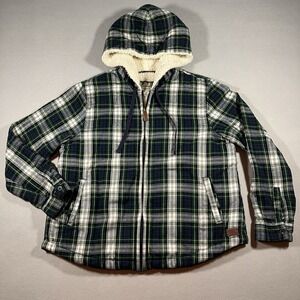 LL Bean Relaxed Fit Sherpa Lined Plaid Flannel Hoodie Jacket Green Cream Women M
